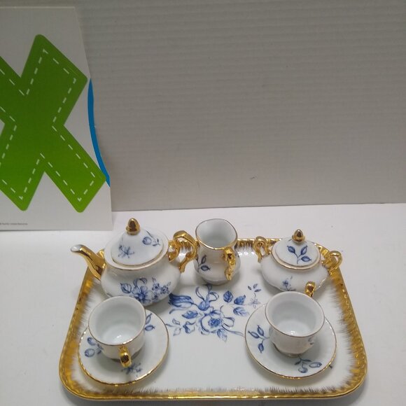 A Servre Decor Mini Tea Set 10 Piece Hand Painted Blue Gold. - Picture 10 of 14